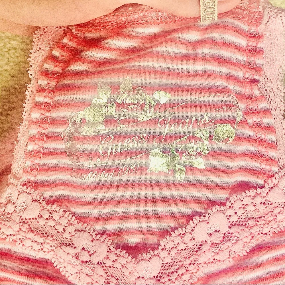 GUESS JEANS Lacey Straps & Trim. Tank is Pink/Peach/White Stripes (Small) *NEW🩷*